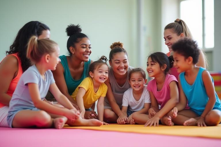 Gymnastics coaches smiling and instructing children on the floor in a bright gym