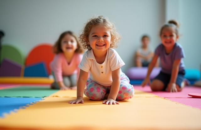 Children smiling and playing on the gymnastics floor during a recreational class