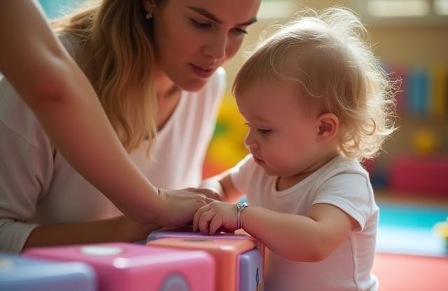 Parent assisting a toddler on soft play gymnastics equipment