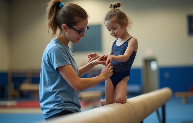 Gymnastics coach spotting a young gymnast practicing on the beam